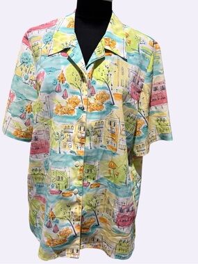 Alia Pastel cityscape printed Short Sleeve Button-Down Shirt size 14